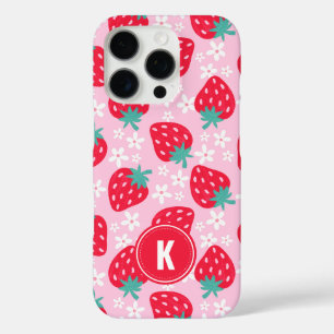 Pink Red Strawberries Floral Pattern Monogram iPhone 16 Pro Case