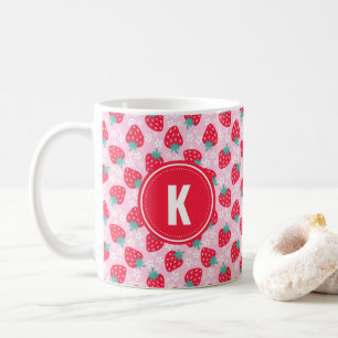 Pink Red Strawberries Floral  Pattern Monogram Coffee Mug