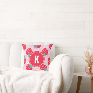 Pink Red Strawberries Floral  Pattern Monogram Cushion