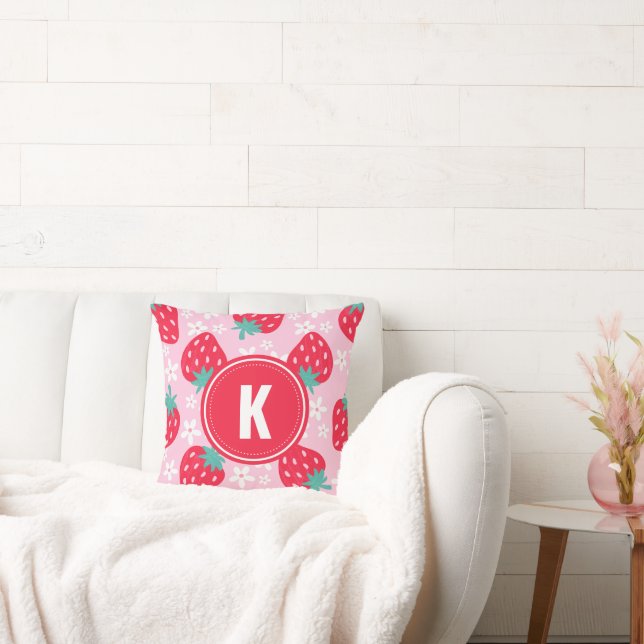 Pink Red Strawberries Floral  Pattern Monogram Cushion (Couch)