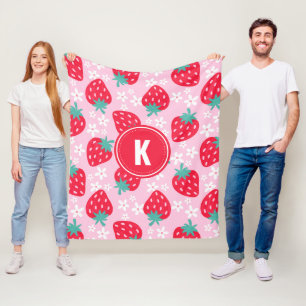 Pink Red Strawberries Floral Pattern Monogram Fleece Blanket