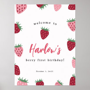Pink & Red Strawberry Berry first Birthday Welcome Poster