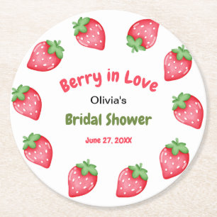 Pink & Red Strawberry Berry in Love Bridal Shower Round Paper Coaster