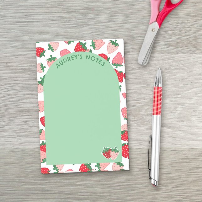 Pink Red Strawberry Pattern Green Arch Add Name Post-it Notes (Creator Uploaded)