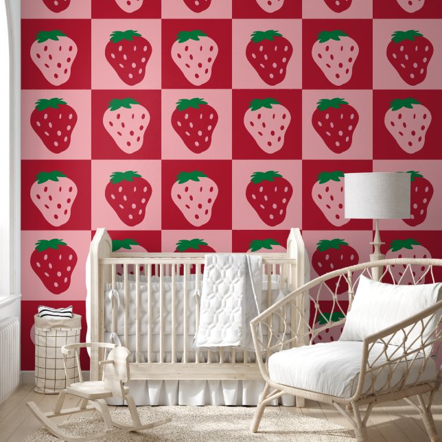 Pink Red Strawberry  Pattern Kids Nursery Room Wallpaper (Kids)