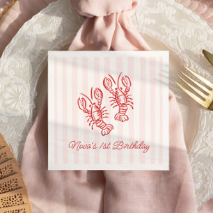 Pink & Red Stripe Lobster 1st Birthday Napkin