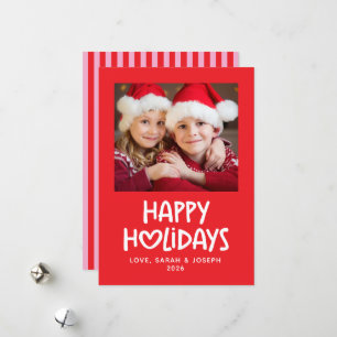 Pink Red Stripe Whimsical Heart Family Photo Happy Holiday Card