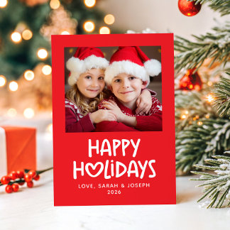 Pink Red Stripe Whimsical Heart Family Photo Happy Holiday Card