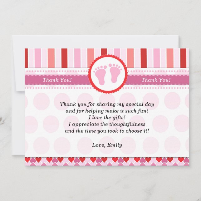 Pink Red Stripes Baby Girl Shower Thank You Card (Front)