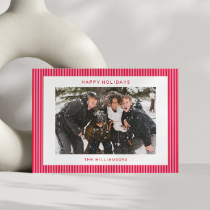 Pink Red Stripes Festive Family Horizontal Photo Holiday Card