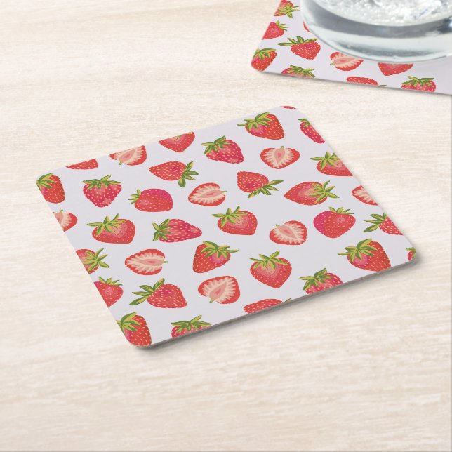 Pink Red Summer Strawberry pattern Square Paper Coaster (Angled)