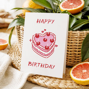 Pink & Red Sweet Dessert- Cute Heart Cake Birthday Card