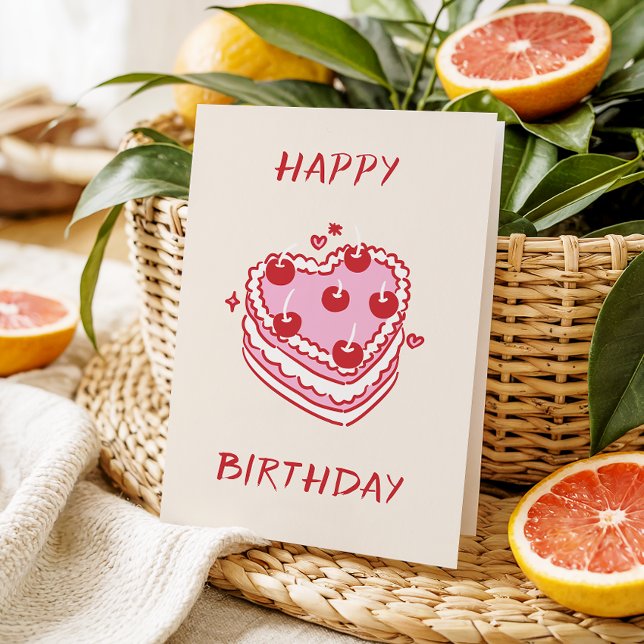 Pink & Red Sweet Dessert- Cute Heart Cake Birthday Card (Creator Uploaded)