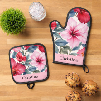 Pink Red Tropical Flowers Oven Mitt & Pot Holder Set