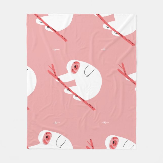 Pink Red Tropical Sloth Vintage Fleece Blanket (Front)