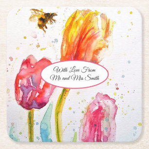 Pink Red Tulip and Bee Watercolor Painting Wedding Square Paper Coaster