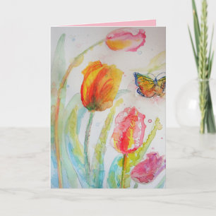 Pink Red Tulip and Butterfly Watercolor Greetings Card