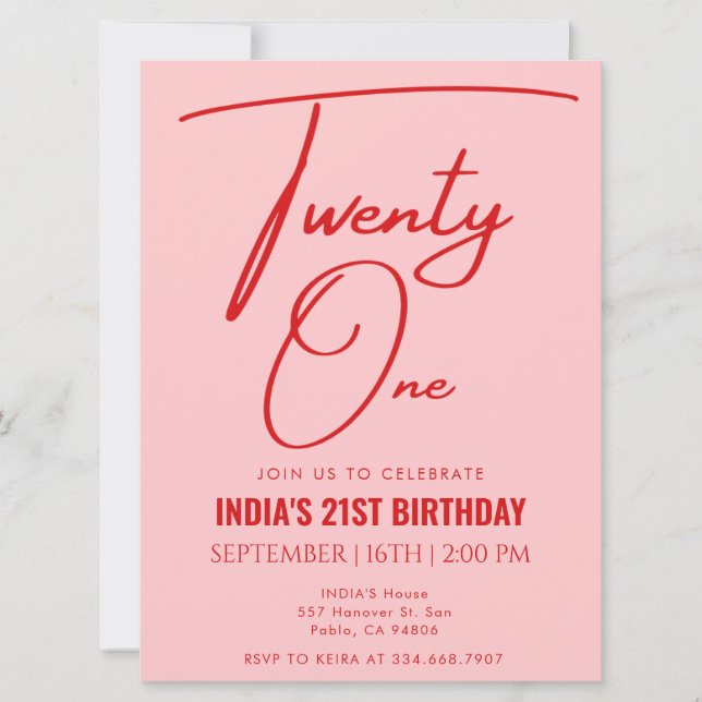 Pink Red Twenty one 21st Birthday  Invitation (Front)