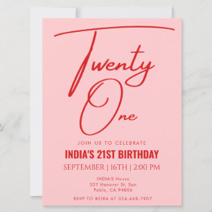 Pink Red Twenty one 21st Birthday  Invitation