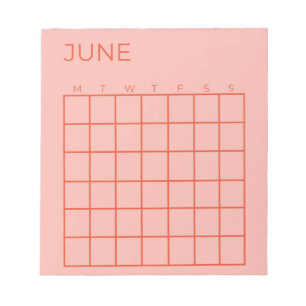 Pink Red Undated June Calendar for Organisation Notepad