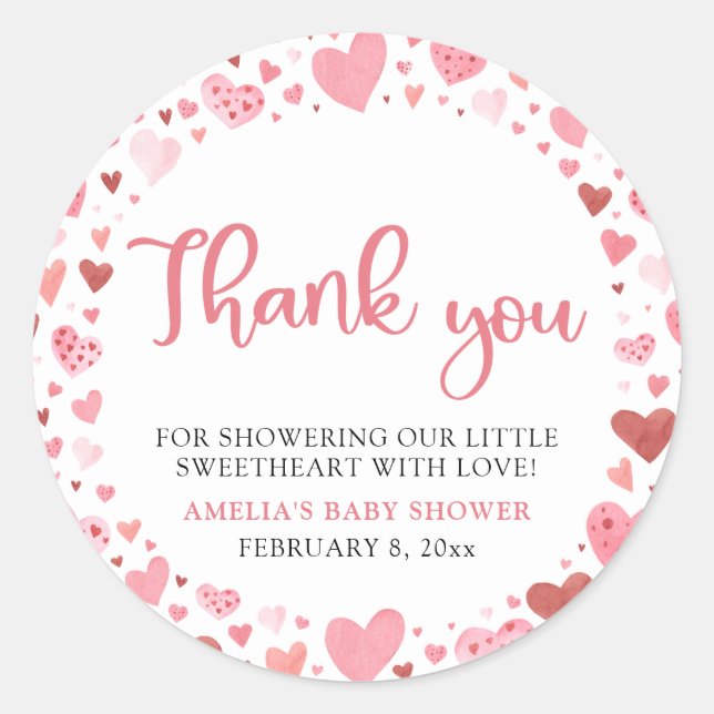 Pink Red Valentine A Little Sweetheart Baby Shower Classic Round Sticker (Front)
