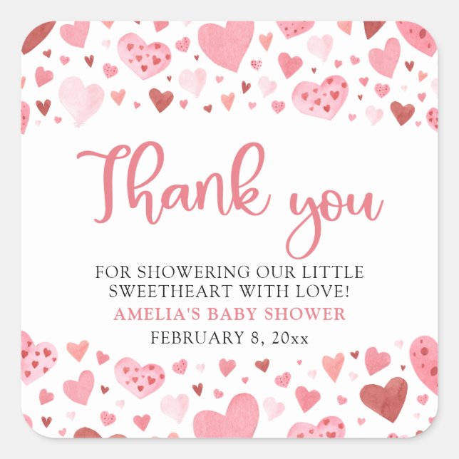Pink Red Valentine A Little Sweetheart Baby Shower Square Sticker (Front)