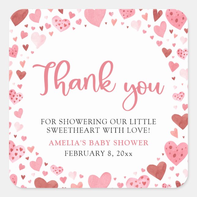 Pink Red Valentine A Little Sweetheart Baby Shower Square Sticker (Front)