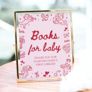 Pink Red Valentine Baby Shower Books for Baby Game Poster