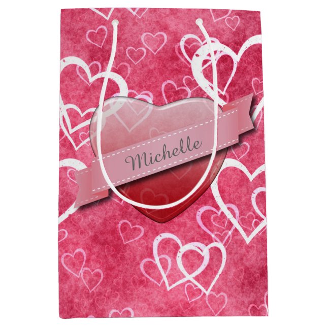 Pink Red Valentine Hearts Personalised Medium Gift Bag (Front)