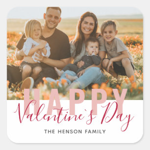 Pink Red Valentine`s Day Script Family Photo Square Sticker