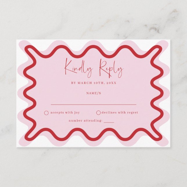 Pink Red Vibrant Wavy Border RSVP Card (Front)
