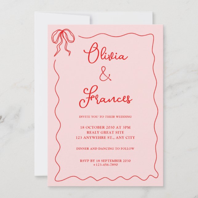 Pink Red Vintage Bow Wavy Frame Wedding Invitation (Front)