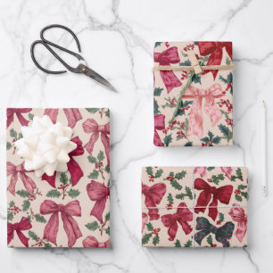 Pink Red Vintage Bows Christmas Wrapping Paper Sheet