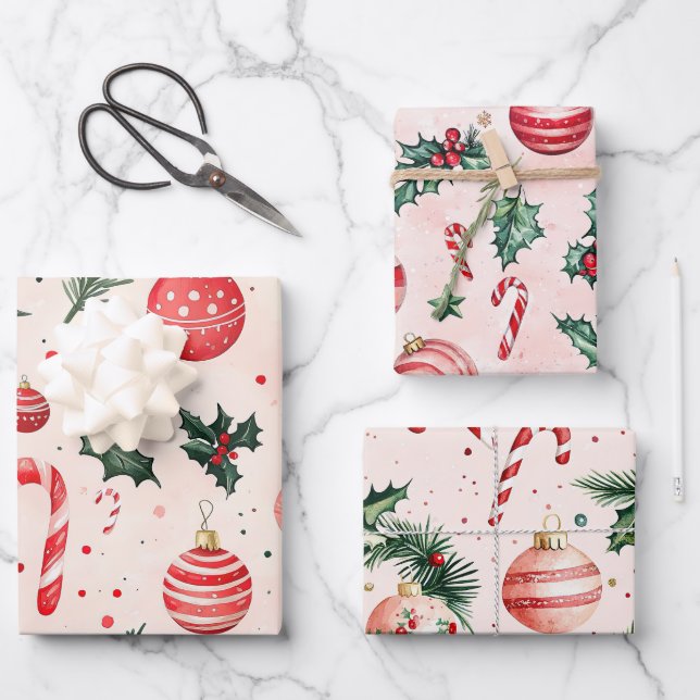 Pink Red Vintage Christmas Wrapping Paper Sheet (Front)