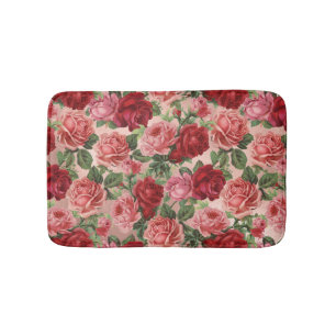 Pink Red Vintage Floral Pattern on Pink Rose Gold Bath Mat