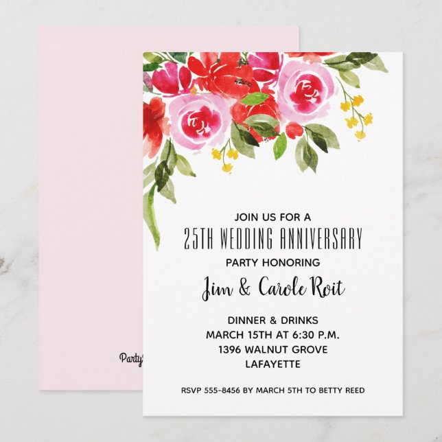 Pink Red Watercolor Floral Anniversary Invitation (Front/Back)