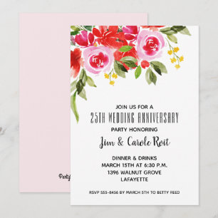 Pink Red Watercolor Floral Anniversary Invitation