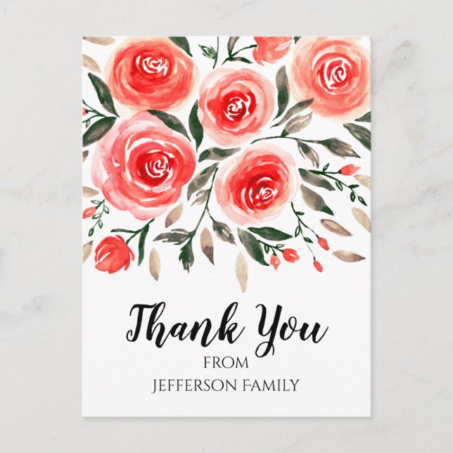 Pink Red Watercolor Floral Roses Thank You Postcard (Front)
