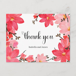 Pink & Red Watercolor Floral Thank you Postcard