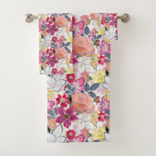 Pink, red watercolor flowers. bath towel set