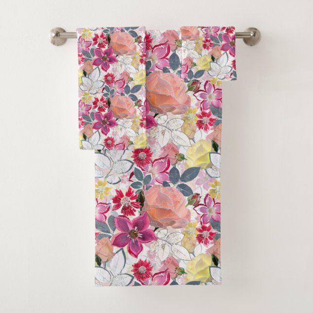 Pink, red watercolor flowers.  bath towel set (Insitu)
