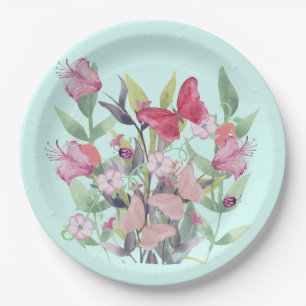 Pink & Red Watercolor Flowers & Butterflies Paper Plate