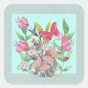 Pink & Red Watercolor Flowers & Butterflies Square Sticker