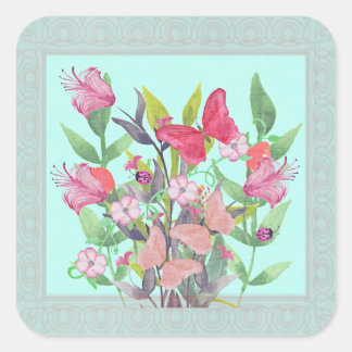 Pink & Red Watercolor Flowers & Butterflies Square Sticker