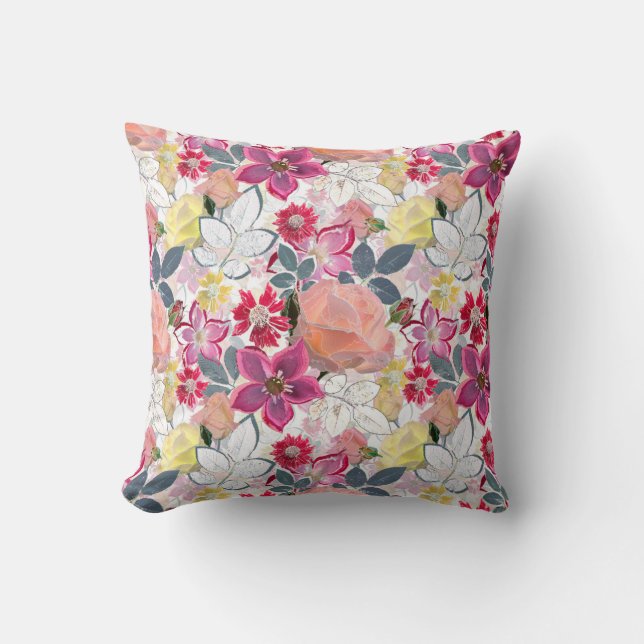 Pink, red watercolor flowers. cushion (Front)