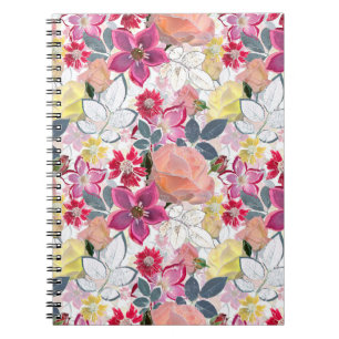 Pink, red watercolor flowers. notebook