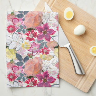 Pink, red watercolor flowers. tea towel