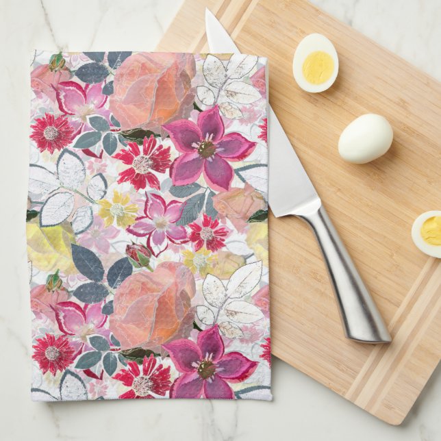 Pink, red watercolor flowers.  tea towel (Quarter Fold)