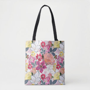 Pink, red watercolor flowers. tote bag