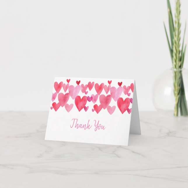 Pink Red Watercolor Hearts Birthday Thank You Card (Front)